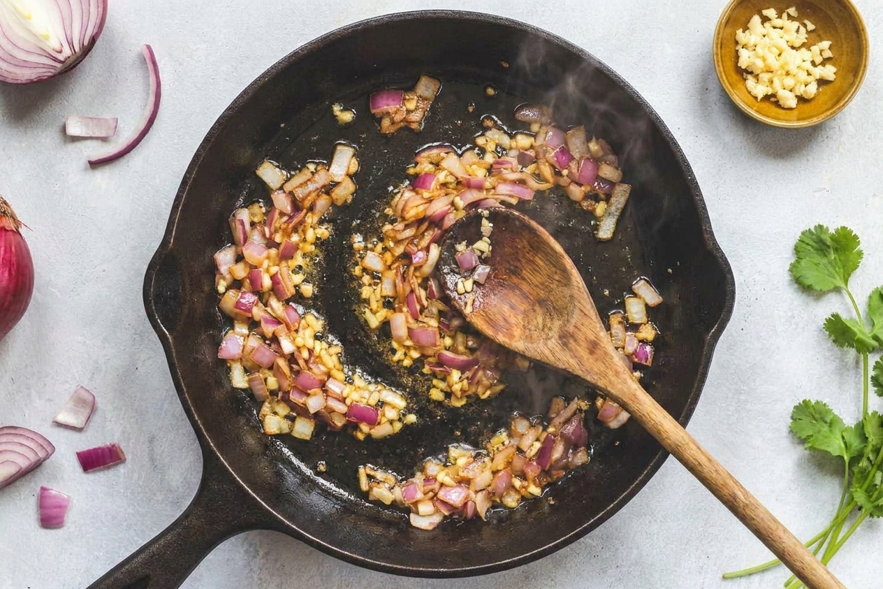 Onion and minced garlic sizzling in a skillet with a wooden spoon stirring