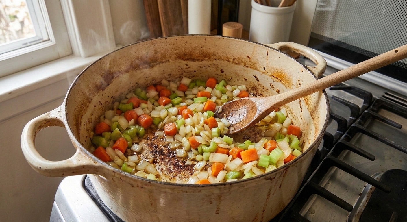 Onion, carrots, and celery sautéing in a Dutch oven with browned bits on the bottom