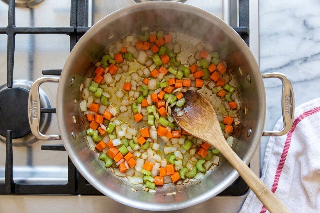 Onions, carrots, and celery sautéing in a large pot on the stove, lightly glossy and beginning to soften