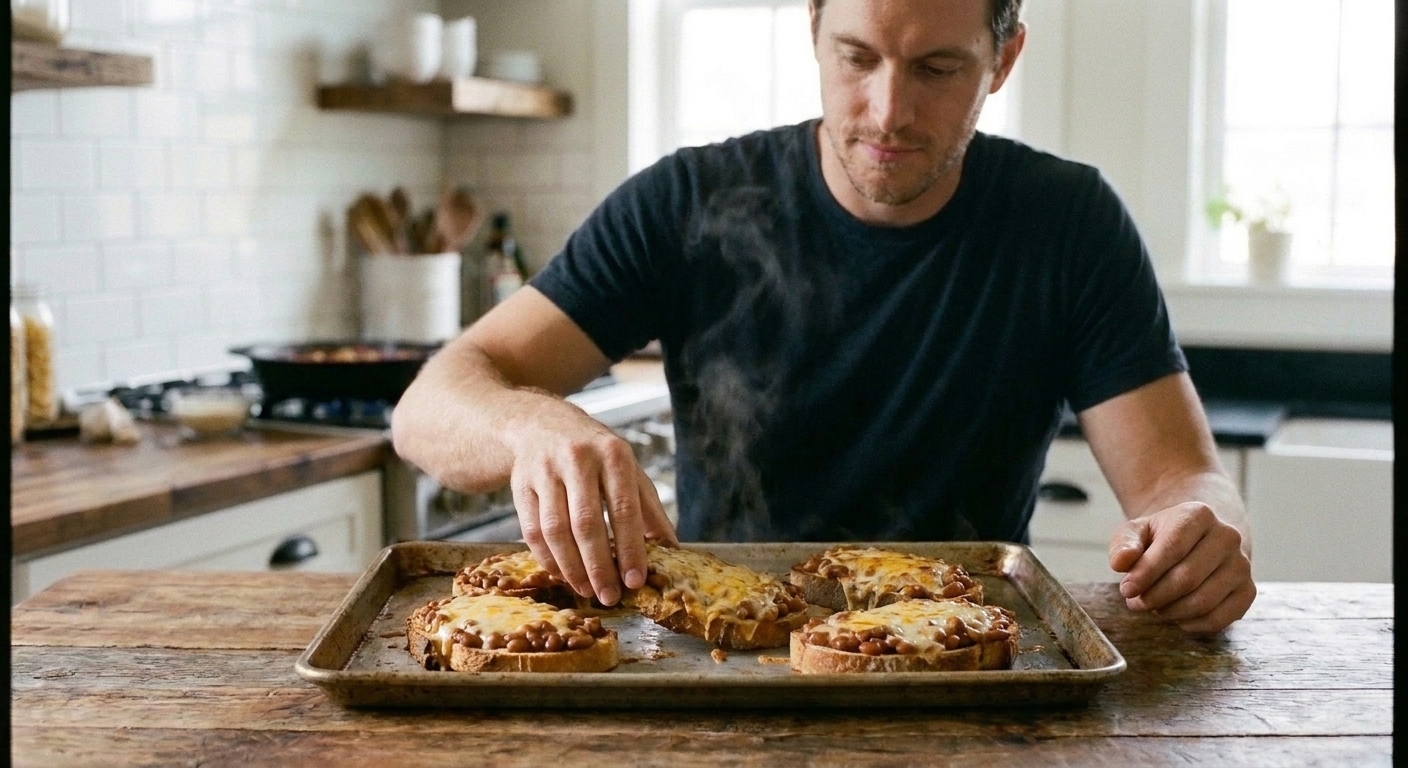 Open-faced toast topped with saucy barbecue beans and melted cheddar cheese on a sheet pan