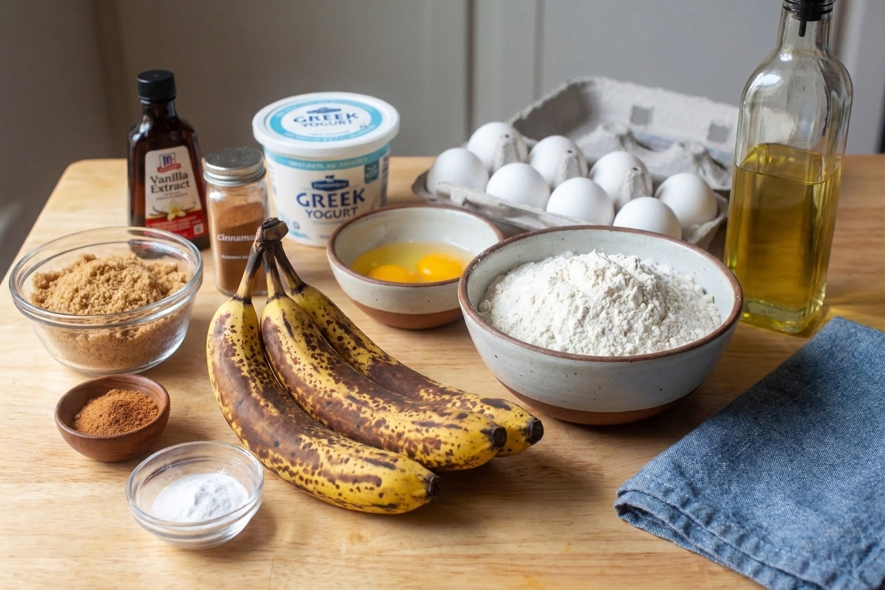 Overripe bananas, flour, brown sugar, eggs, Greek yogurt, baking soda, cinnamon, vanilla, and oil arranged on a kitchen counter