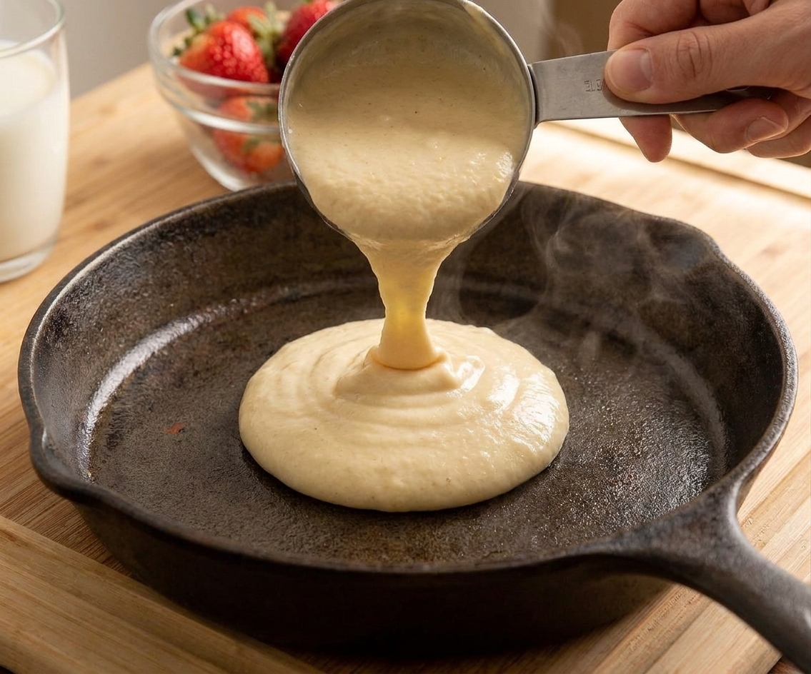 Pancake batter being poured from a measuring cup onto a warm skillet, forming a thick round that holds its shape
