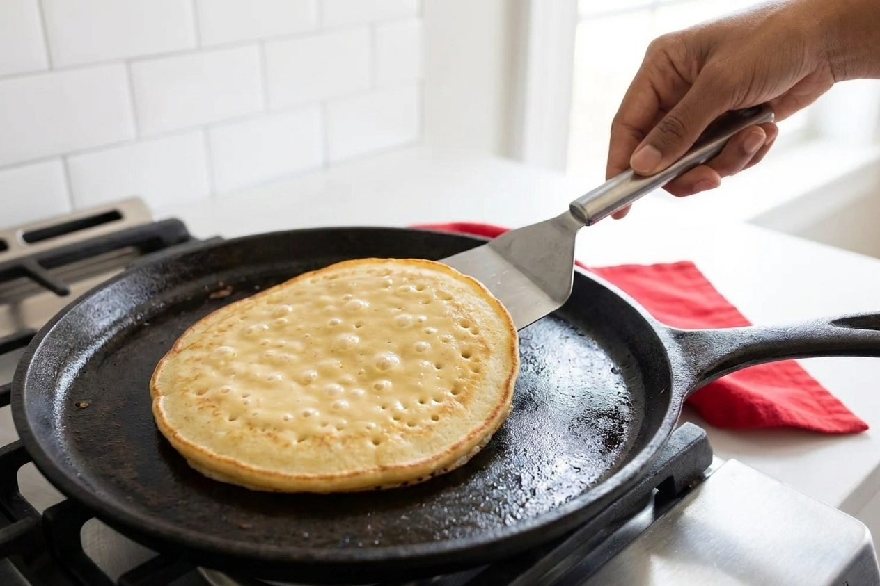 Pancake batter cooking on a skillet with bubbles forming on the surface before flipping