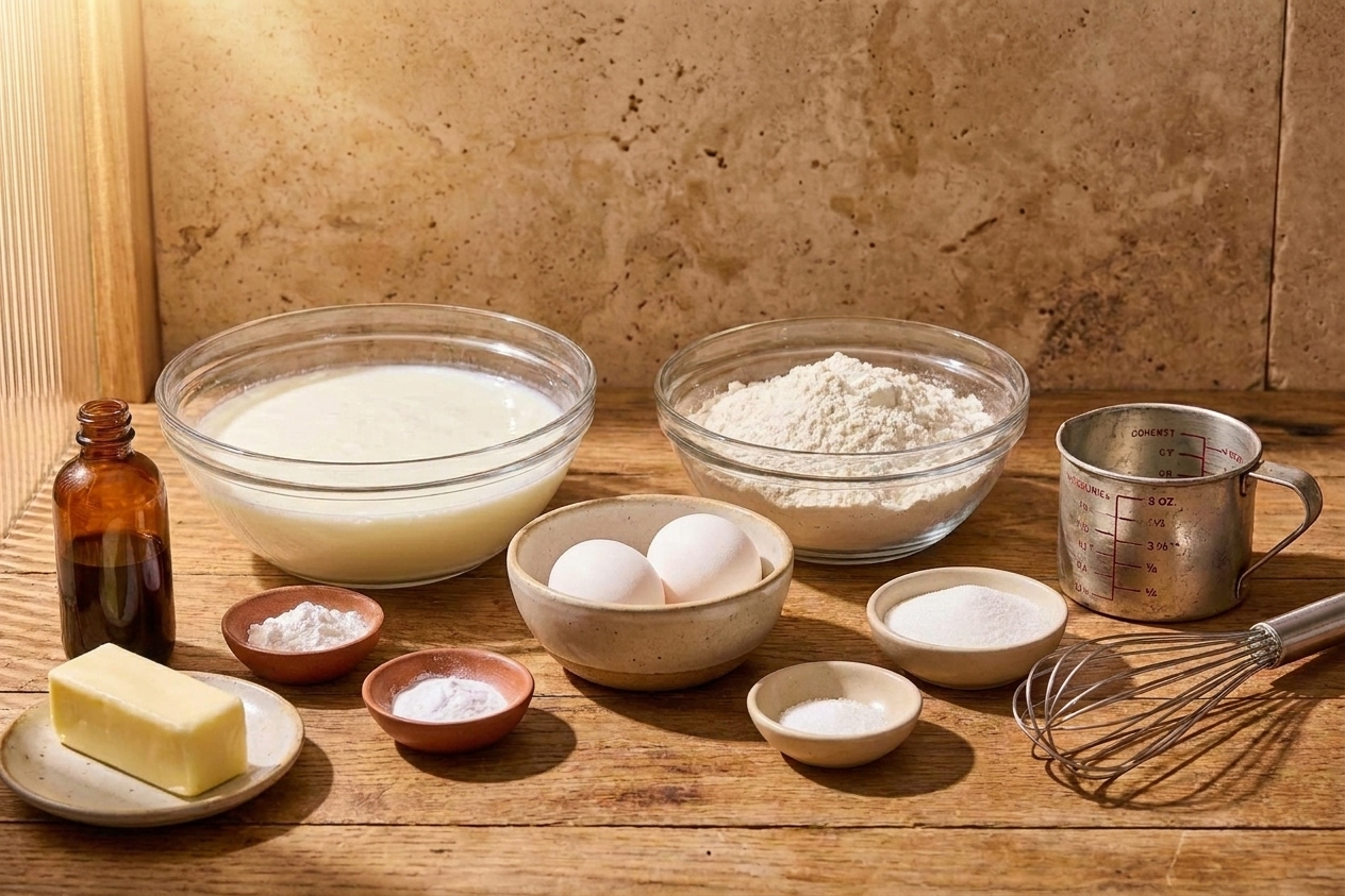 Pancake ingredients arranged on a kitchen counter, including buttermilk, flour, eggs, sugar, butter, vanilla, baking powder, baking soda, and salt