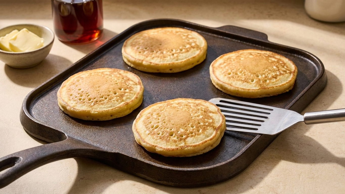 Pancakes cooking on a cast iron griddle with bubbles forming on the surface and a spatula resting nearby