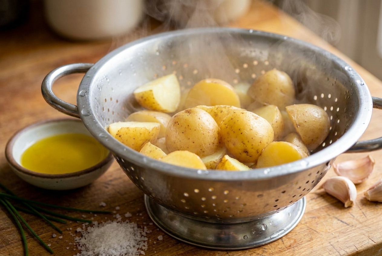 Parboiled potato chunks draining in a colander with steam rising