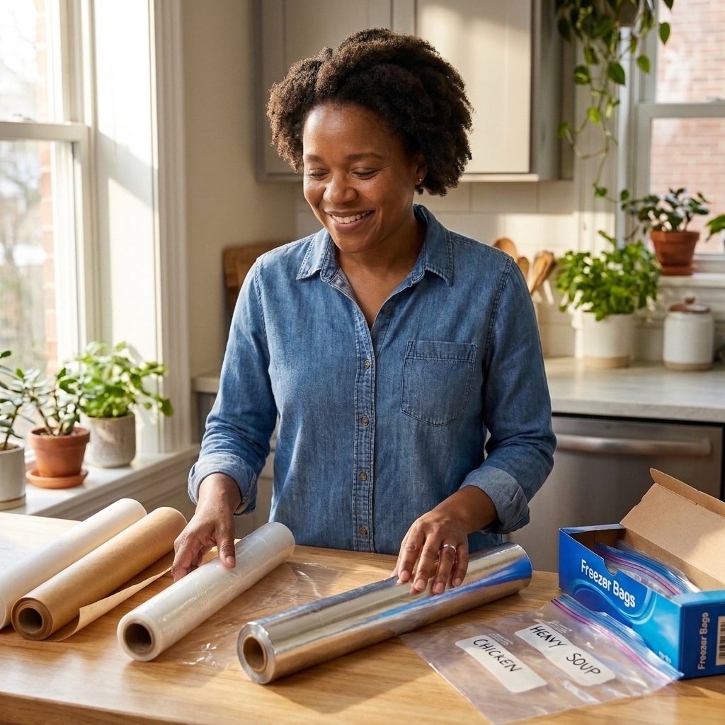 Parchment paper, plastic wrap, heavy-duty aluminum foil, and labeled freezer bags arranged on a clean kitchen counter