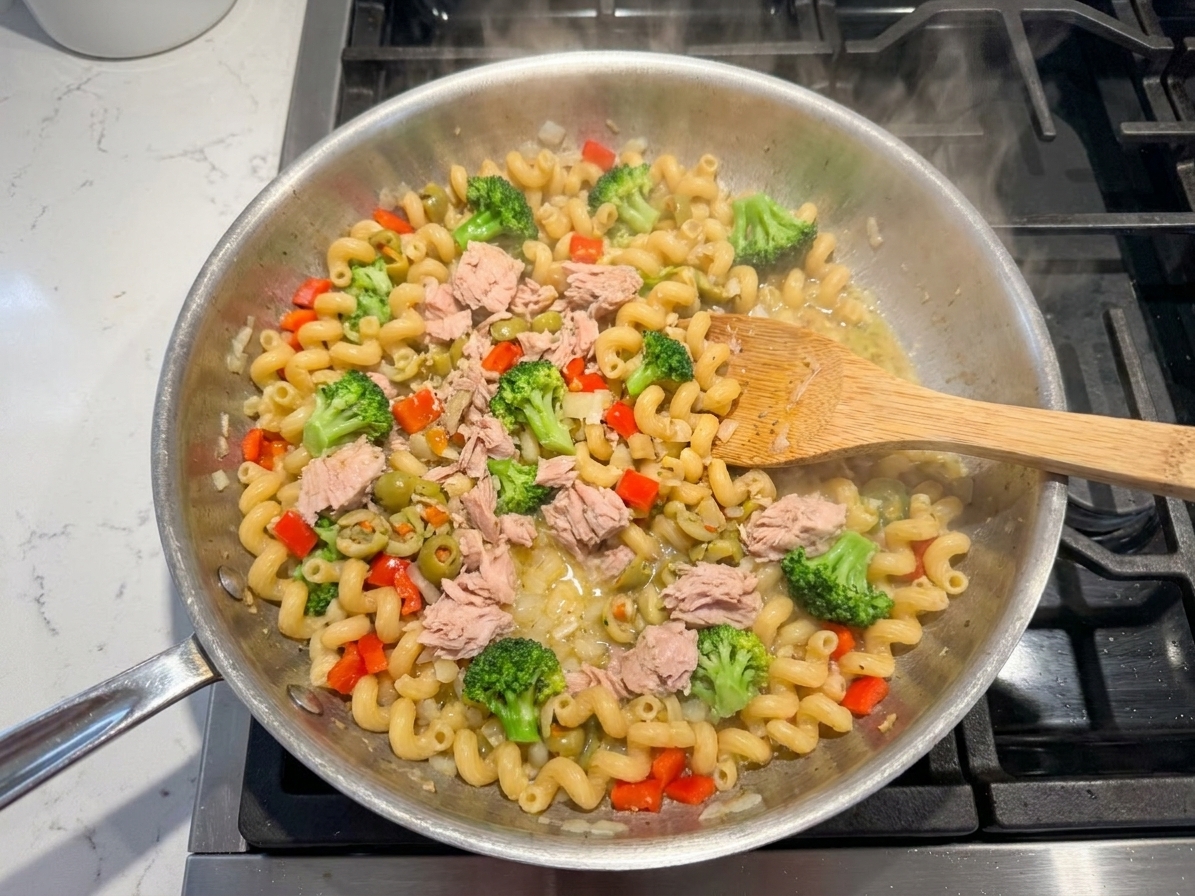 Pasta being stirred together with sauce in a wide skillet on the stove with steam rising