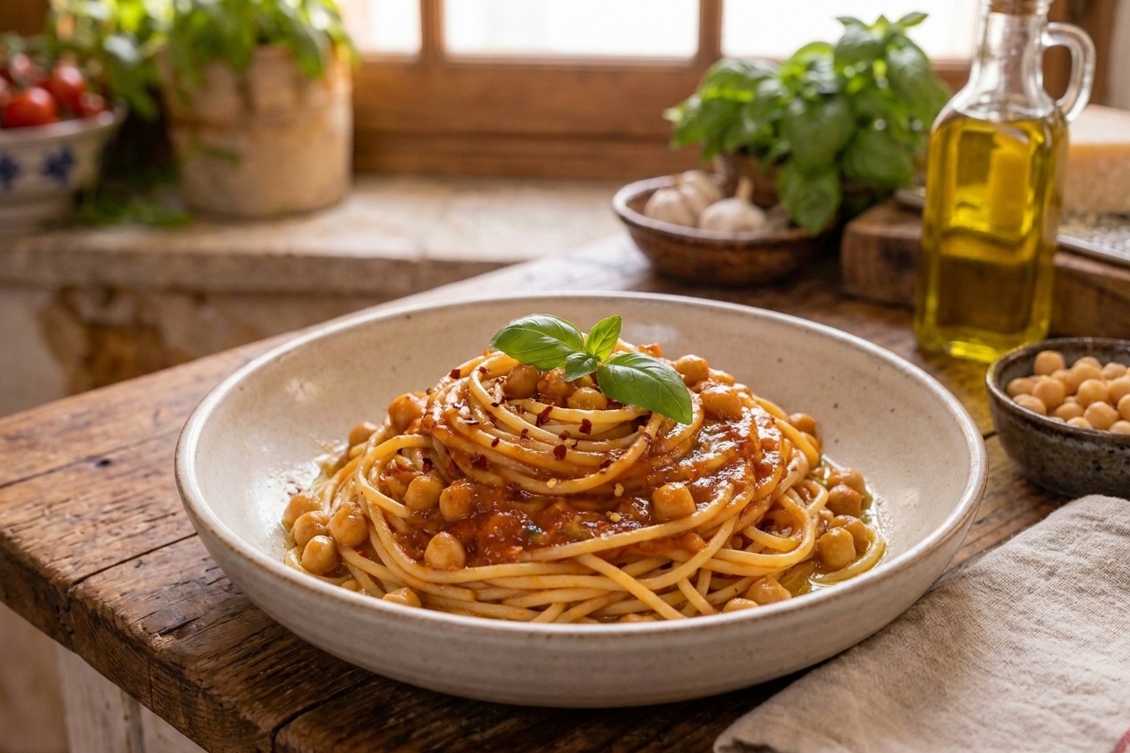 Pasta with marinara sauce and chickpeas served on a plate with a glossy red sauce