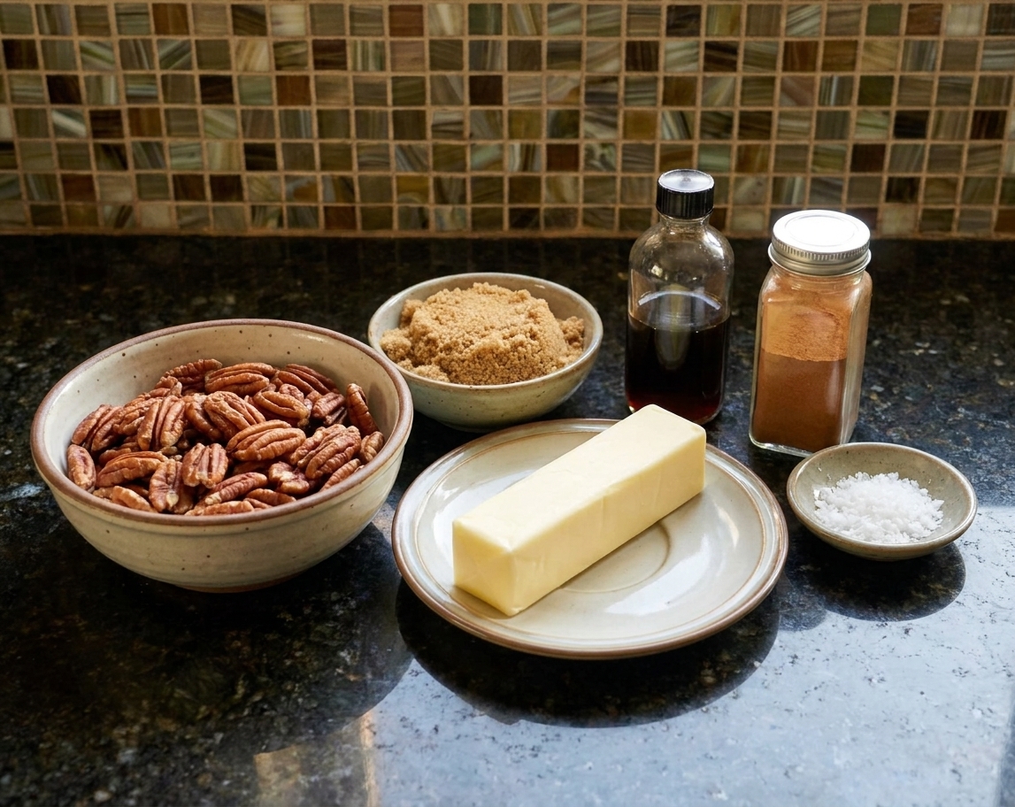 Pecan halves, brown sugar, butter, vanilla extract, cinnamon, and flaky salt arranged on a kitchen counter