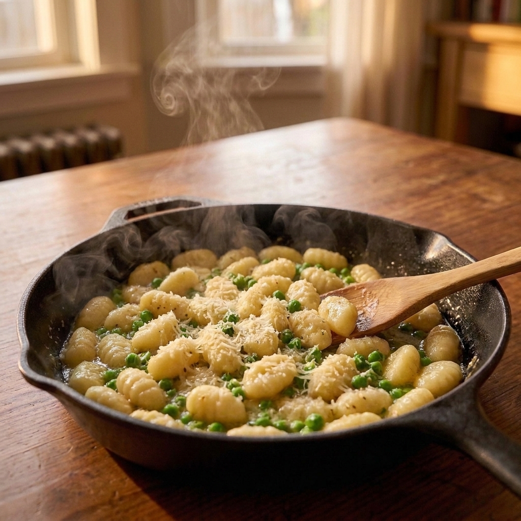 Pillowy gnocchi in a skillet coated with garlic butter and parmesan, with green peas mixed in