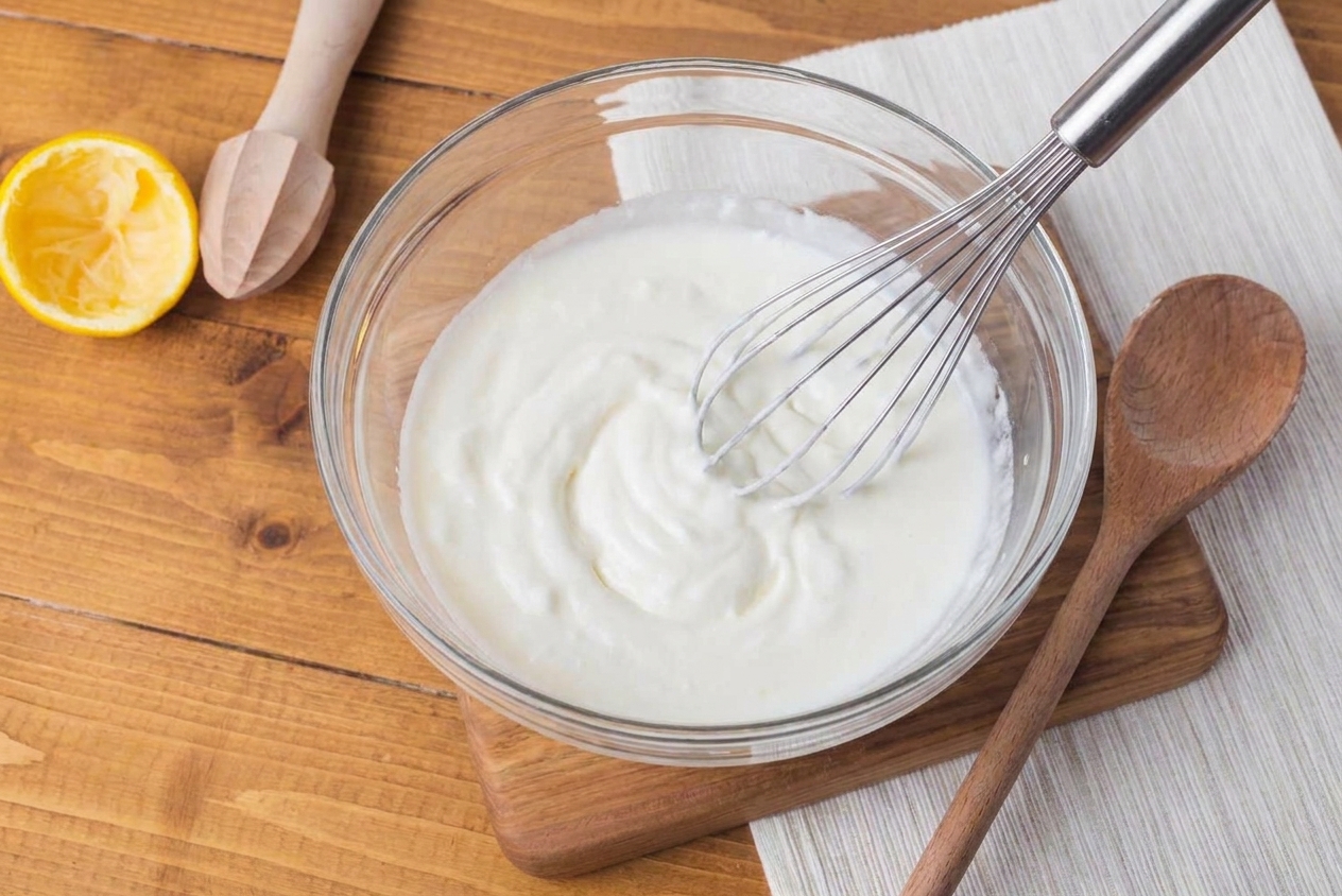 Plain yogurt being whisked with a splash of milk in a mixing bowl until pourable, preparing a buttermilk substitute