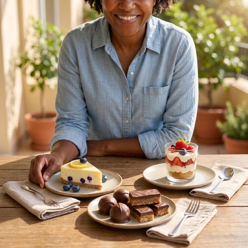 Plated no-bake desserts ready to serve with forks and napkins
