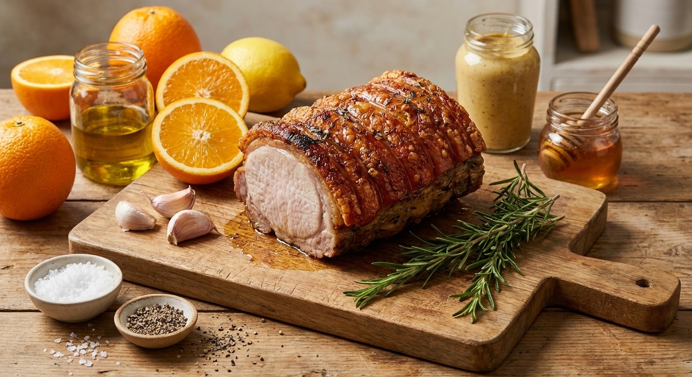 Pork roast on a cutting board surrounded by oranges, a lemon, garlic, olive oil, Dijon mustard, honey, rosemary, salt, and pepper on a kitchen counter