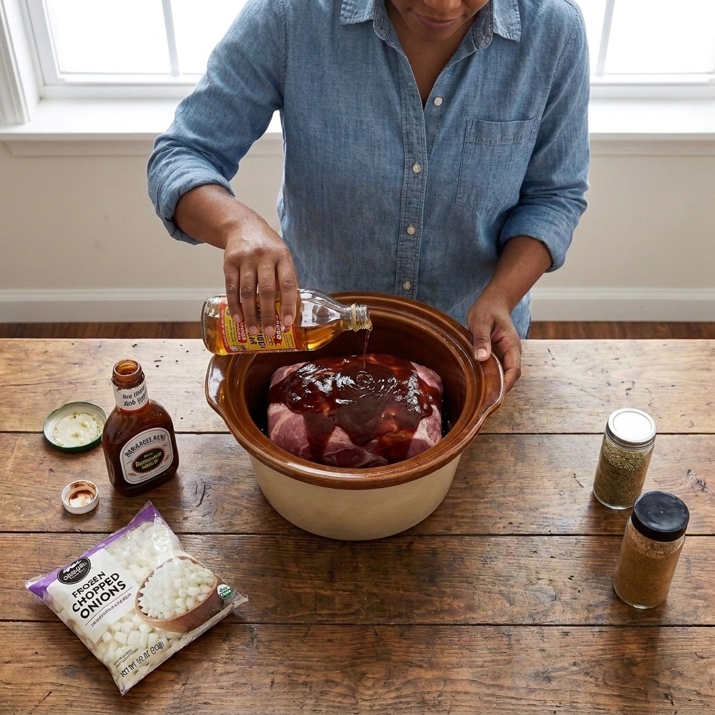 Pork shoulder in a slow cooker with barbecue sauce and a splash of apple cider vinegar being poured over