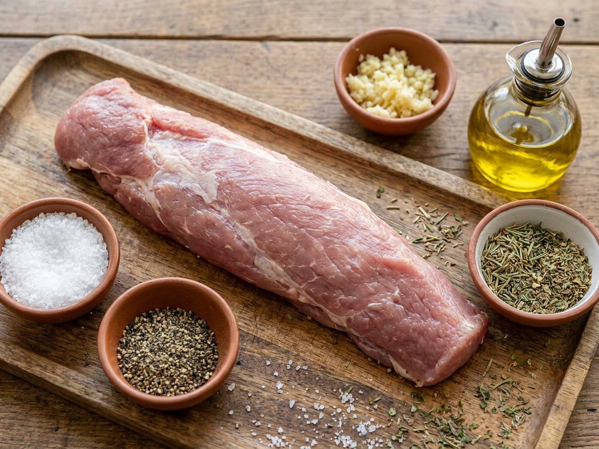 Pork tenderloin on a tray surrounded by small bowls of salt, black pepper, minced garlic, dried herbs, and olive oil on a kitchen counter