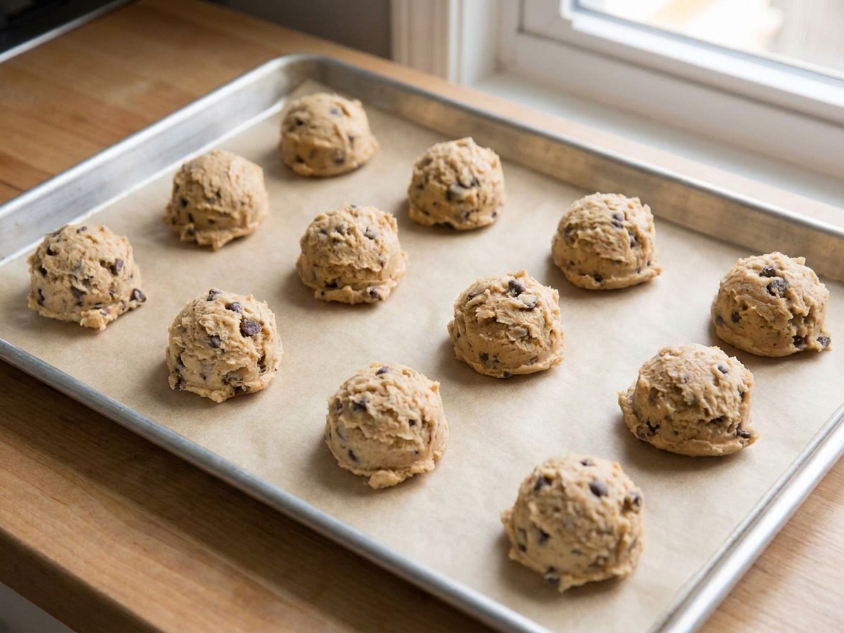 Portioned balls of chocolate chip cookie dough spaced out on a parchment-lined baking sheet