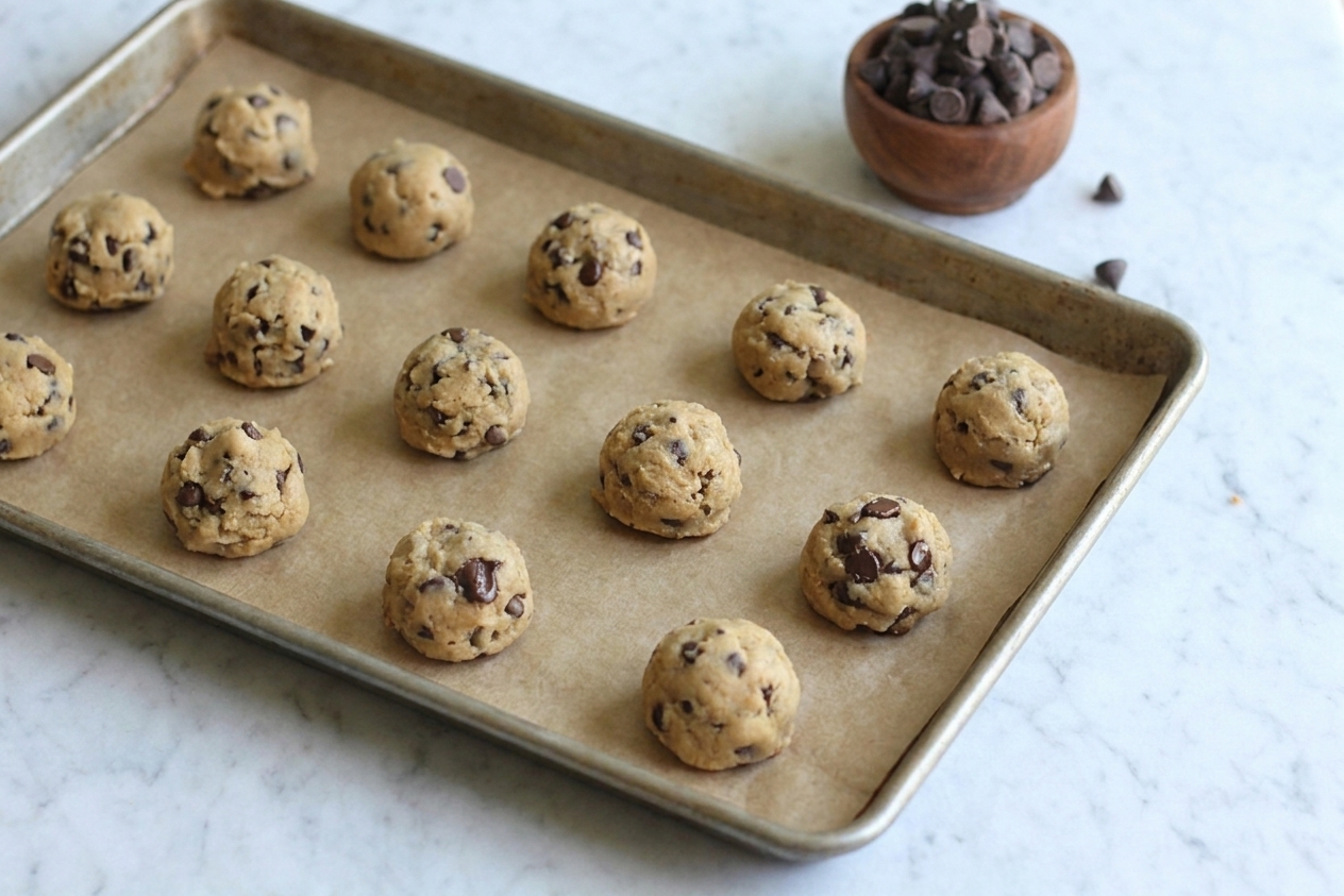 Portioned chocolate chip cookie dough balls arranged on parchment and ready for the freezer