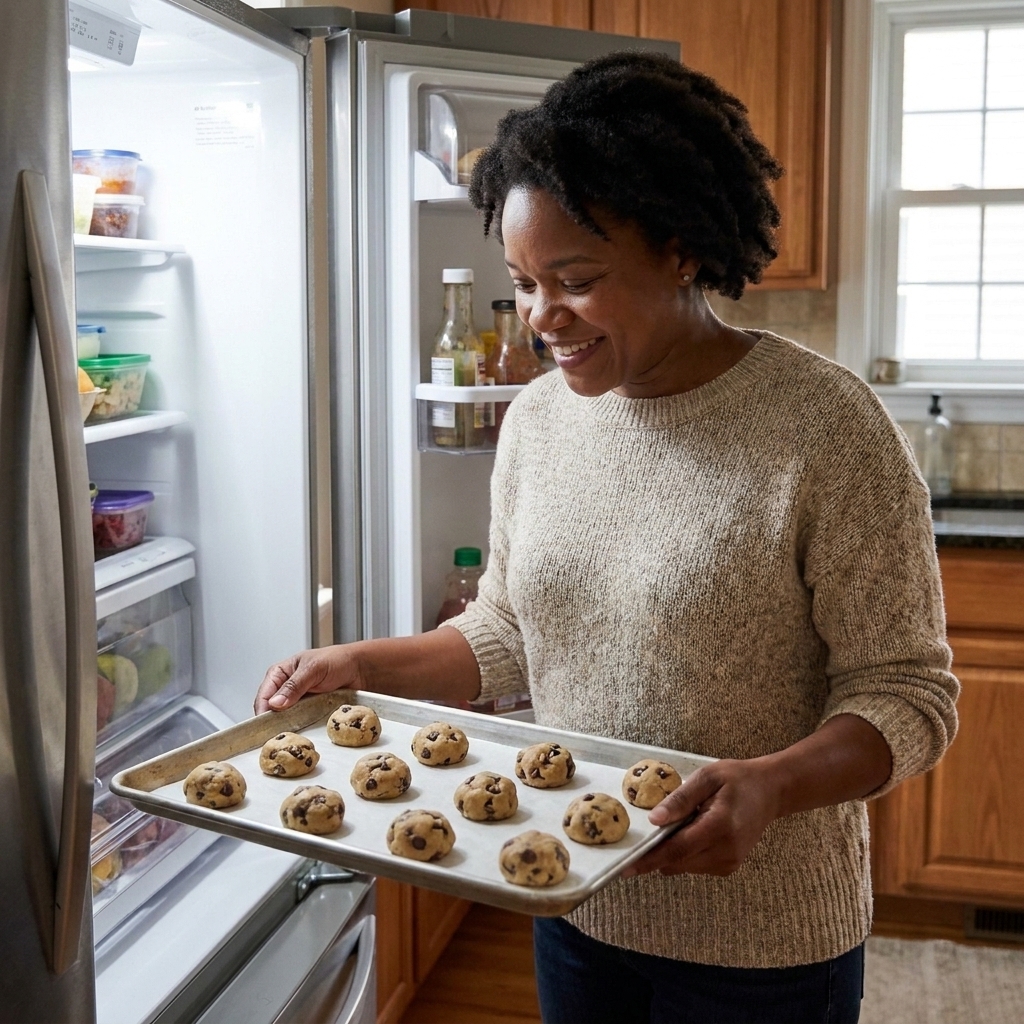 Portioned cookie dough balls on a parchment-lined baking sheet being placed into a refrigerator