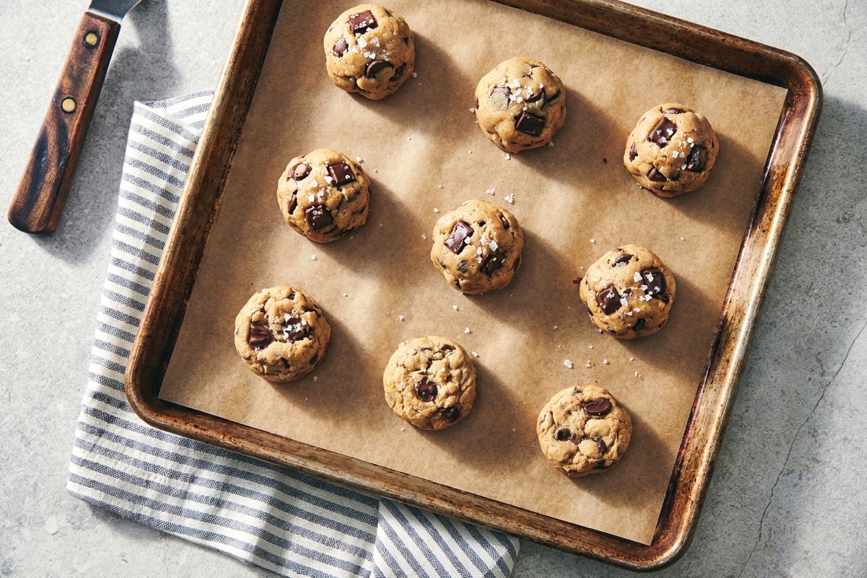 Portioned cookie dough balls spaced out on a parchment-lined baking sheet
