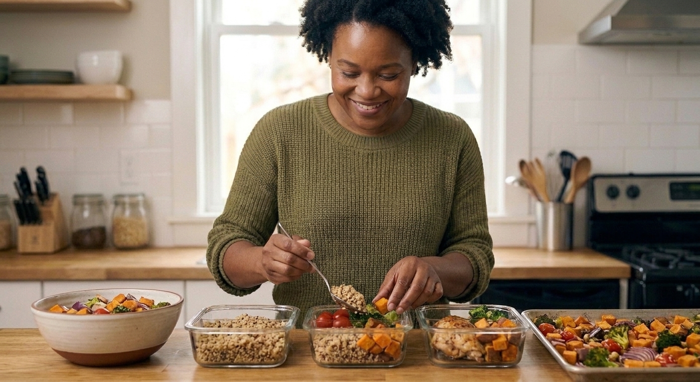 Portioned quinoa and roasted vegetables being divided into meal prep containers