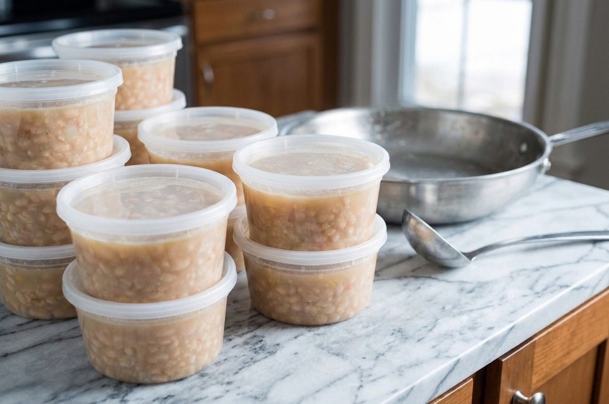 Portioned soup in stackable deli containers on a kitchen counter with lids ready for labeling