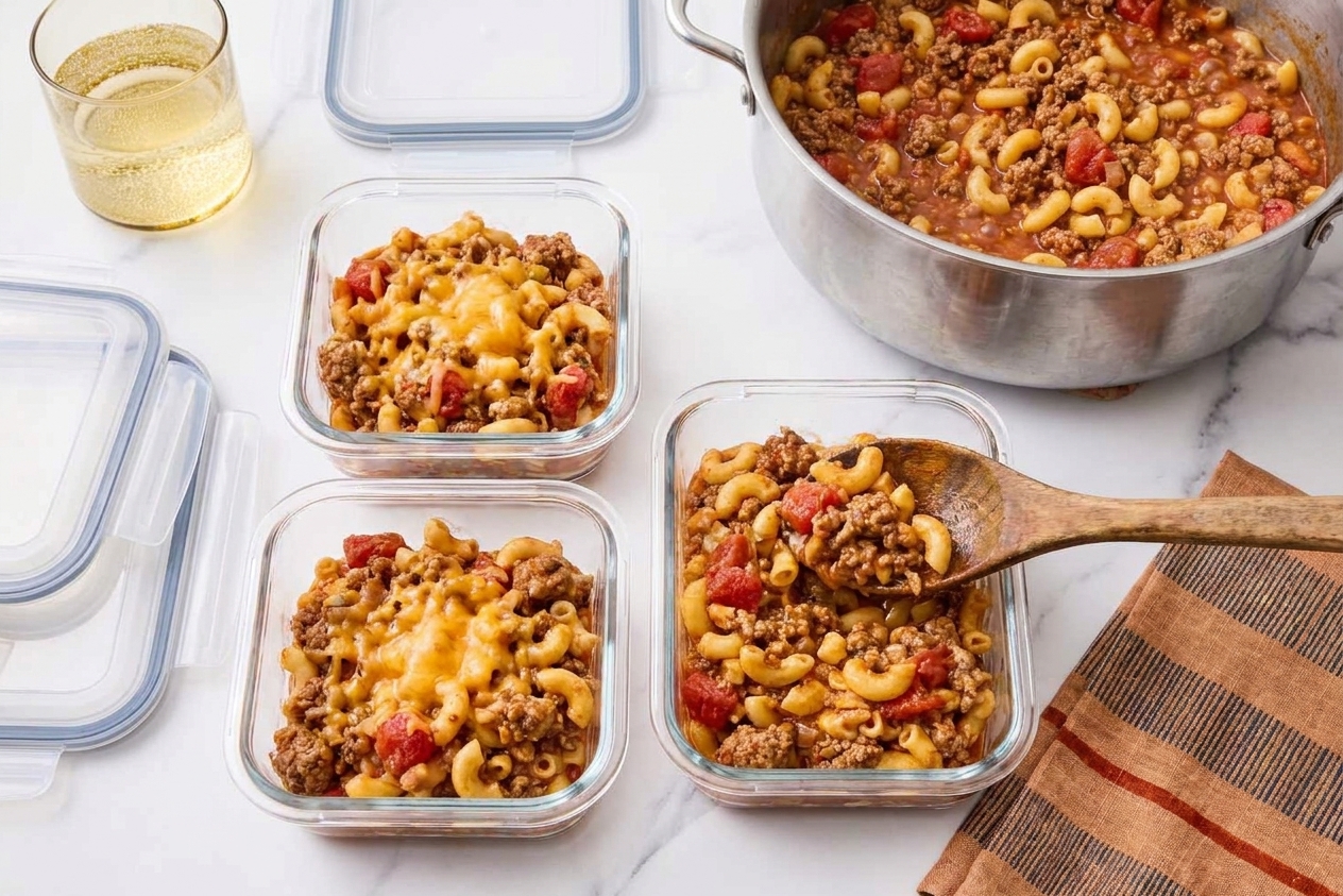 Portions of American goulash spooned into glass meal prep containers on a kitchen counter, ready for the fridge