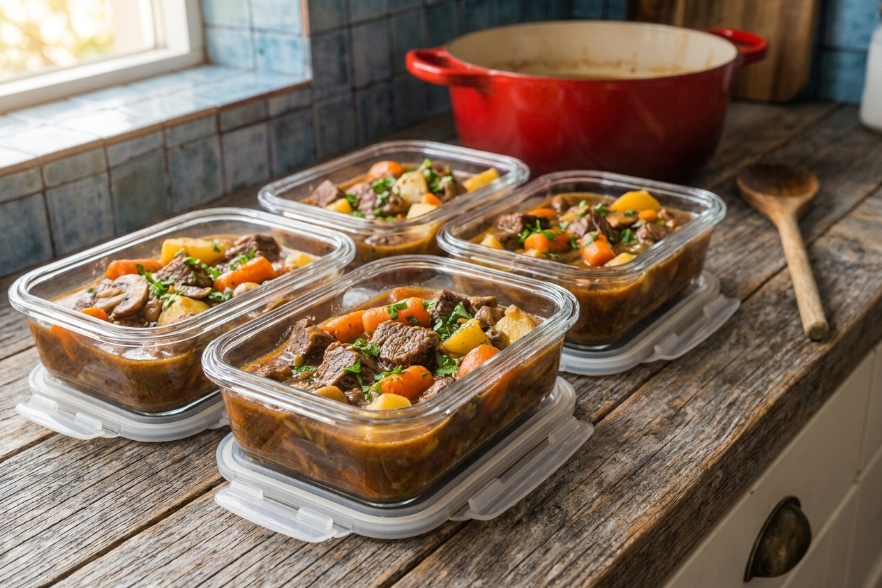 Portions of beef stew stored in clear glass meal prep containers with lids on a kitchen counter