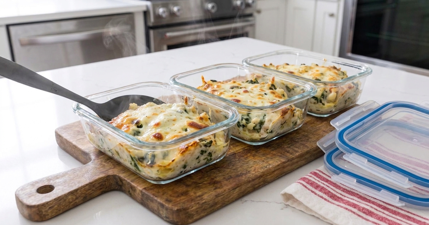 Portions of chicken Alfredo bake packed into glass meal prep containers on a kitchen counter with lids nearby