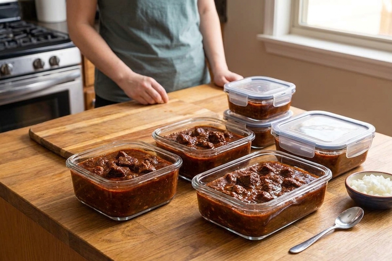 Portions of chili stored in clear airtight containers on a kitchen counter