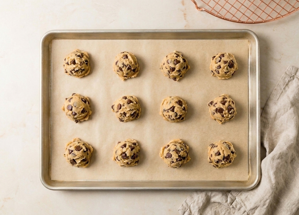 Portions of chocolate chip cookie dough spaced evenly on a parchment-lined baking sheet before baking