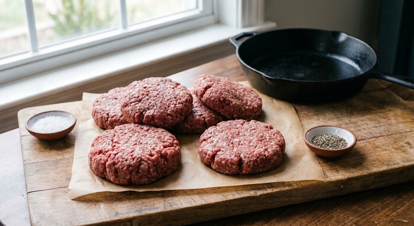Portions of ground beef shaped into thick burger patties on parchment paper with a small bowl of salt and pepper nearby