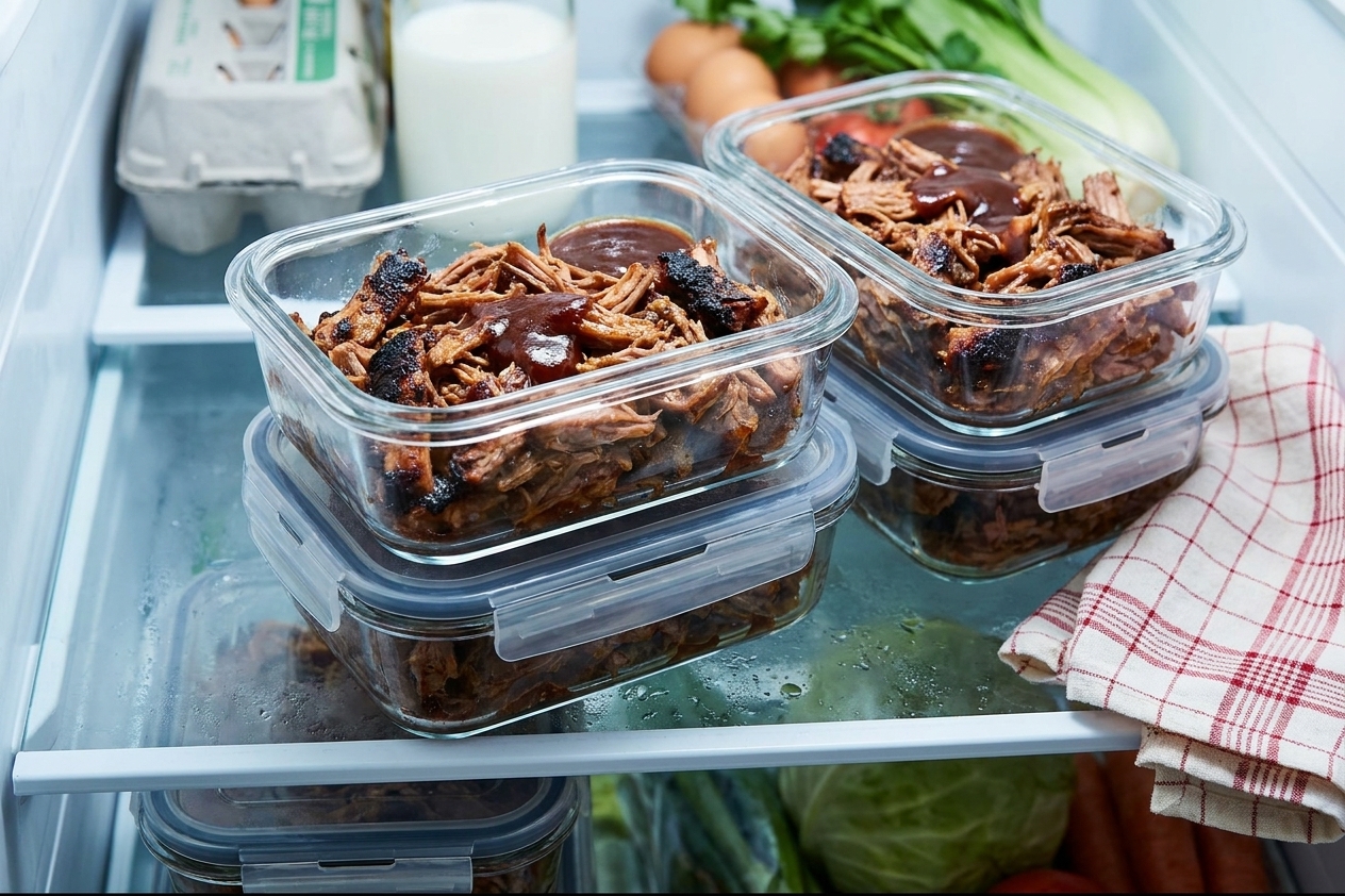 Portions of pulled pork in glass meal prep containers with a little sauce, stacked in a refrigerator