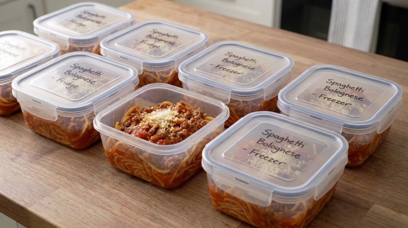 Portions of spaghetti meat sauce in clear airtight containers on a kitchen counter ready for the fridge and freezer