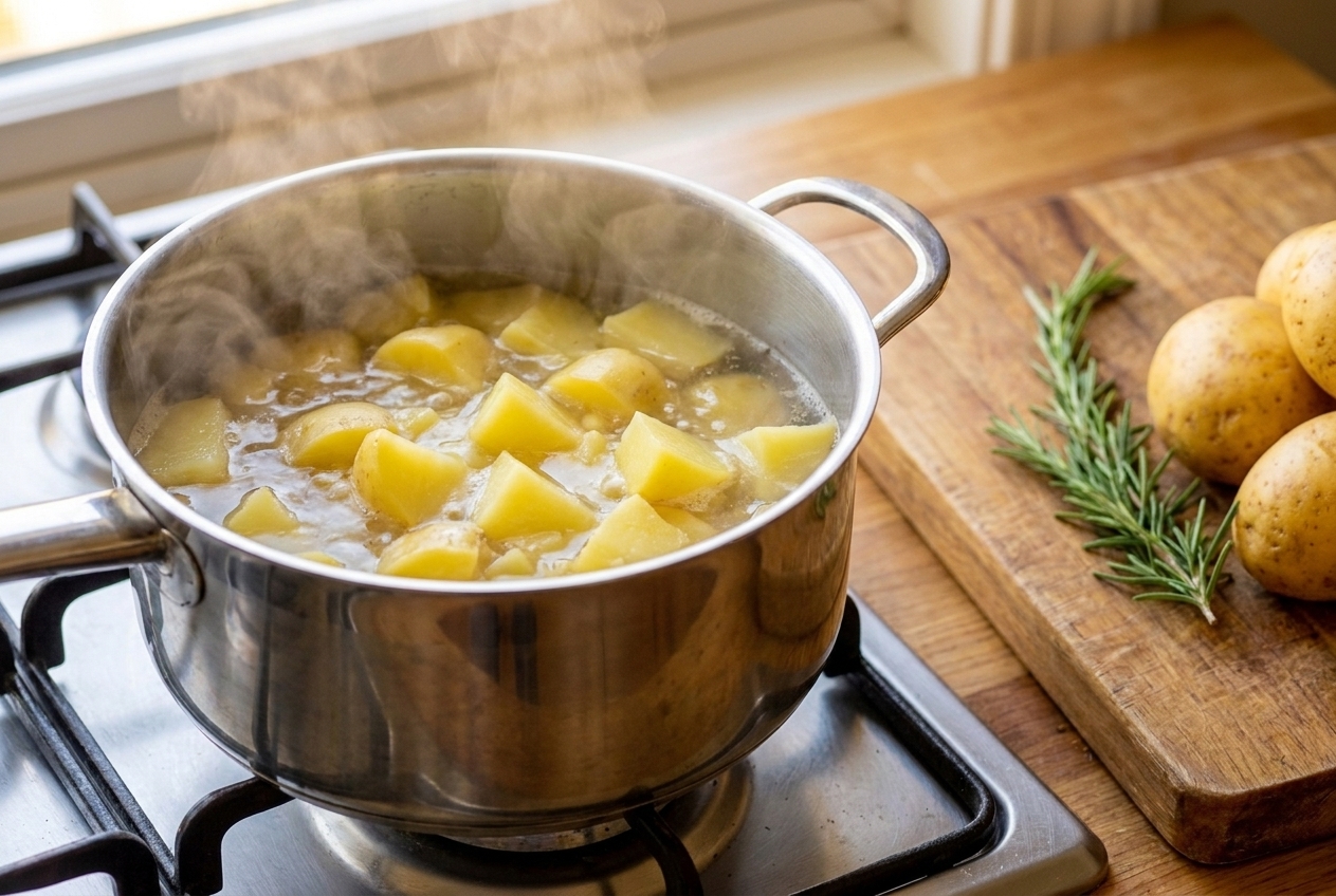 Potato chunks simmering in a pot of salted water on a stovetop, steam rising as they parboil