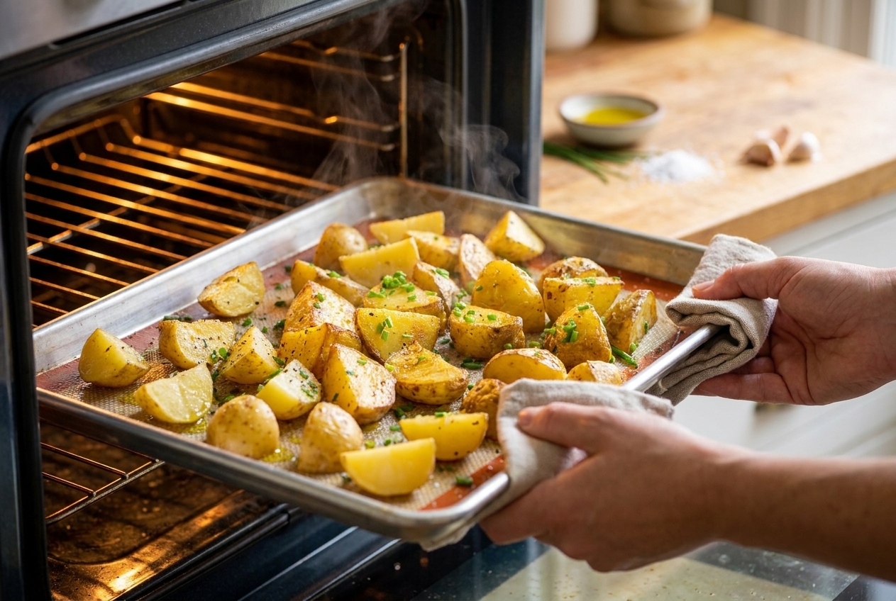 Potato chunks spread in a single layer on a sheet pan being slid into a hot oven