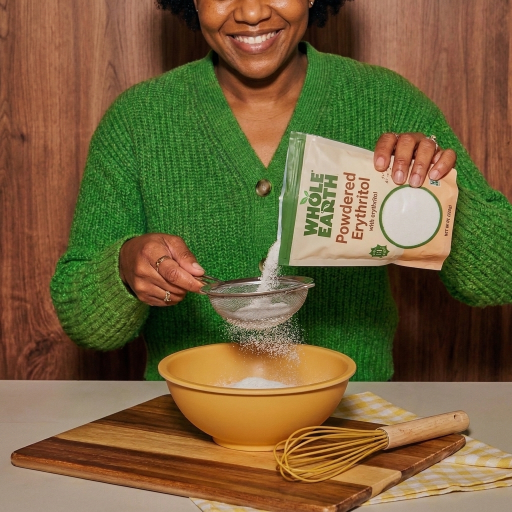 Powdered erythritol being sifted into a mixing bowl with a whisk nearby
