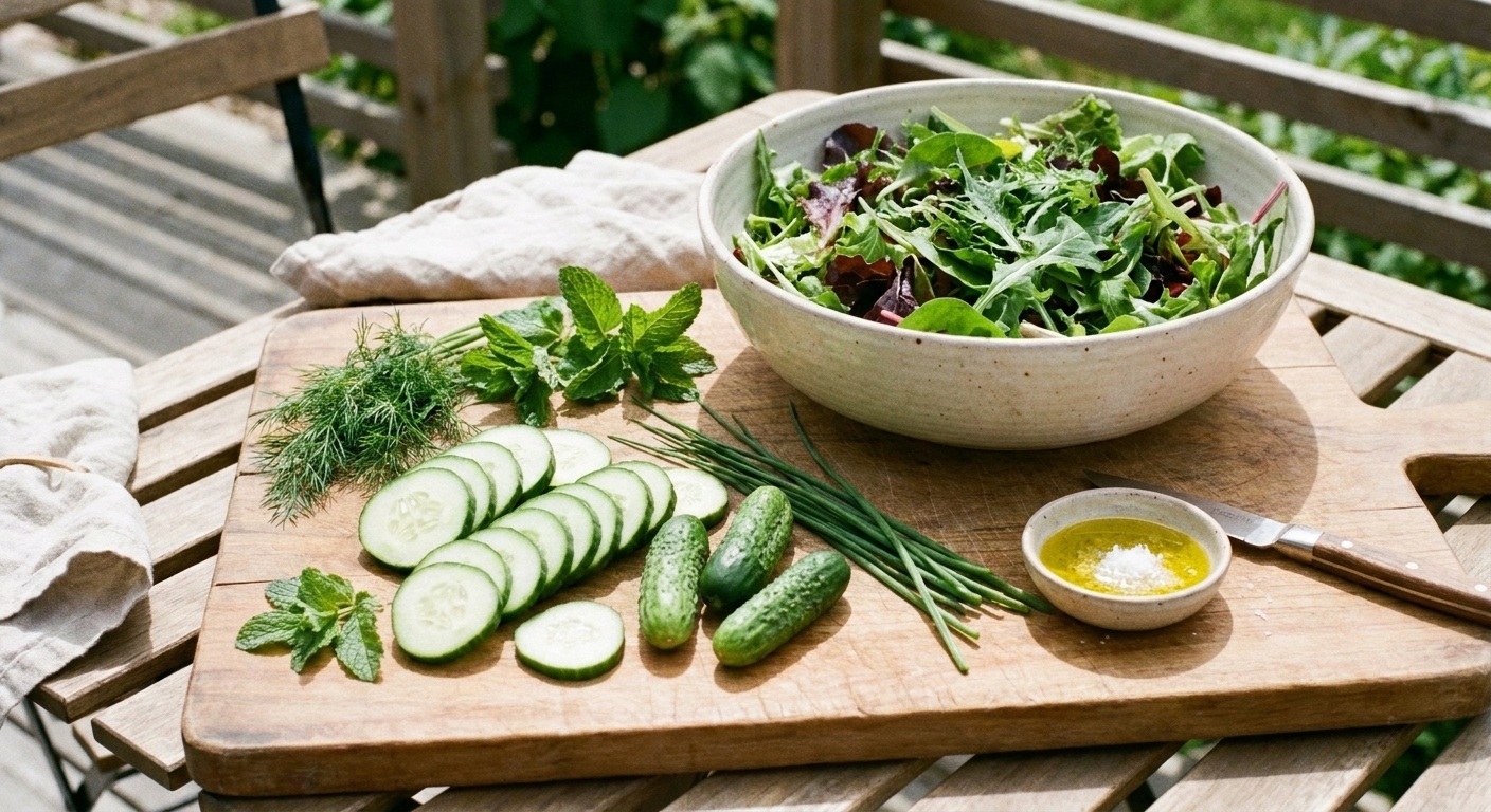 Prepped cucumbers and herbs on a cutting board beside a bowl of salad greens