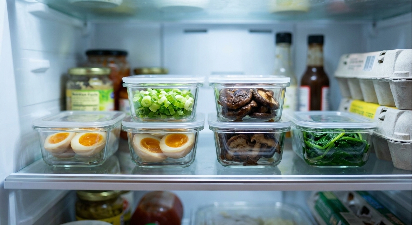 Prepped ramen toppings in small containers, including sliced scallions, halved eggs, cooked mushrooms, and greens, arranged neatly on a refrigerator shelf