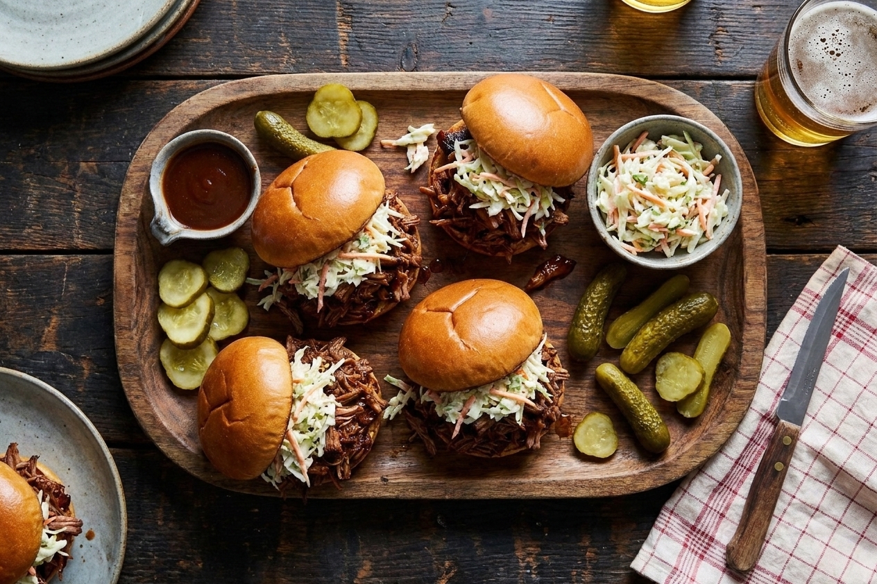 Pulled pork sliders with pickles and coleslaw arranged on a platter on a casual dinner table