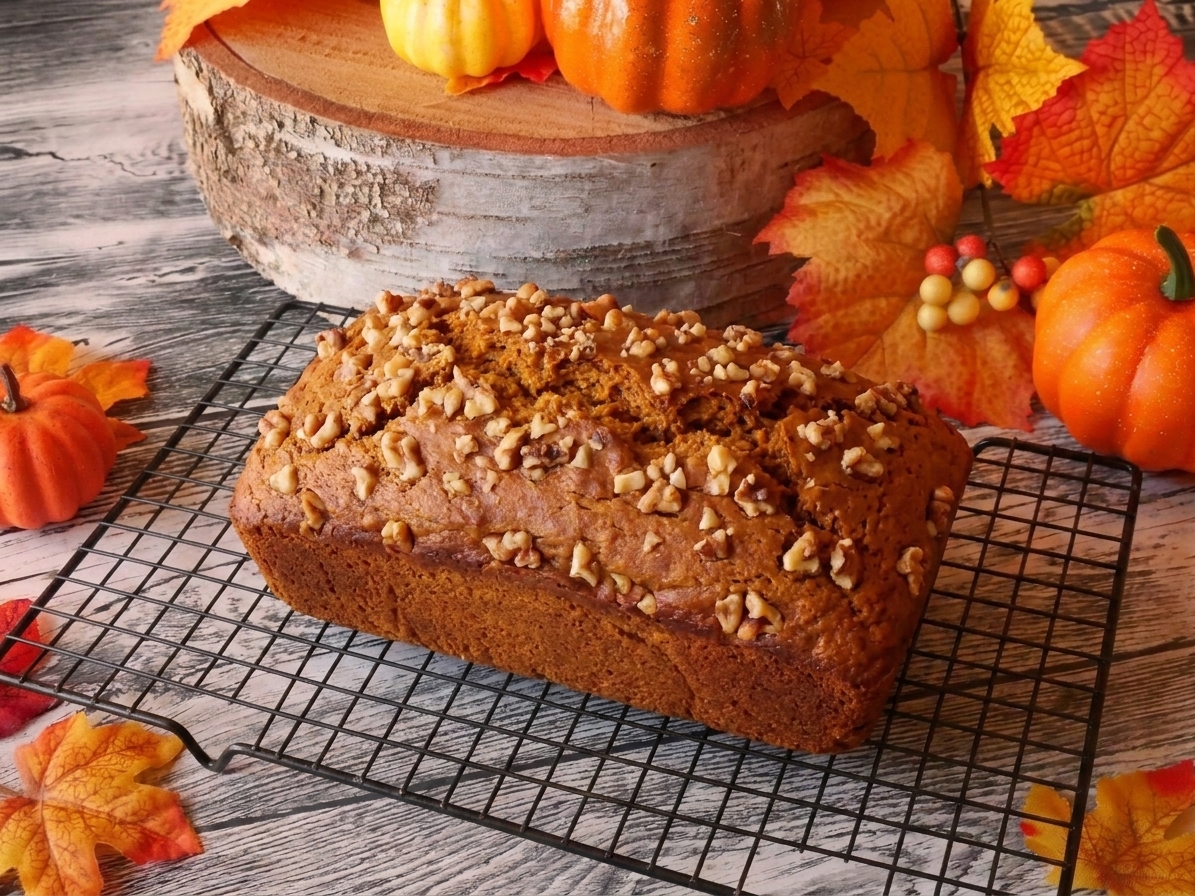 Pumpkin bread loaf topped with chopped walnuts, cooling on a wire rack in a home kitchen