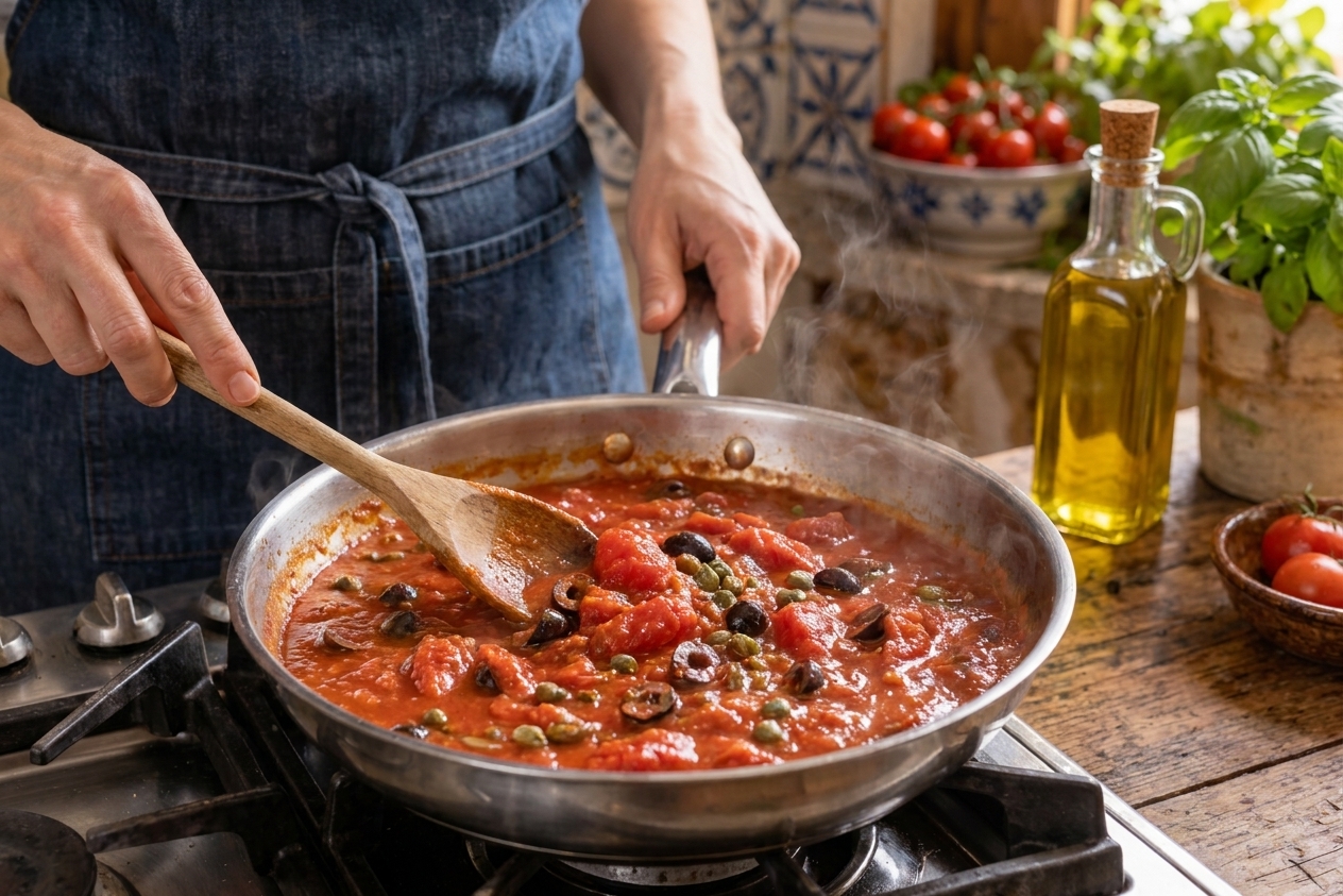 Puttanesca sauce simmering in a skillet with tomatoes, sliced olives, and capers