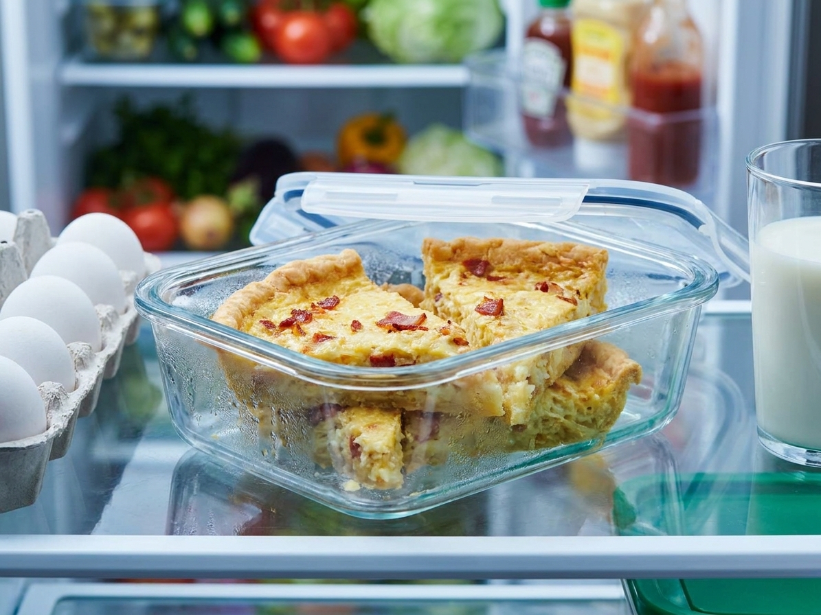 Quiche slices stored in a clear glass container with a lid on a refrigerator shelf