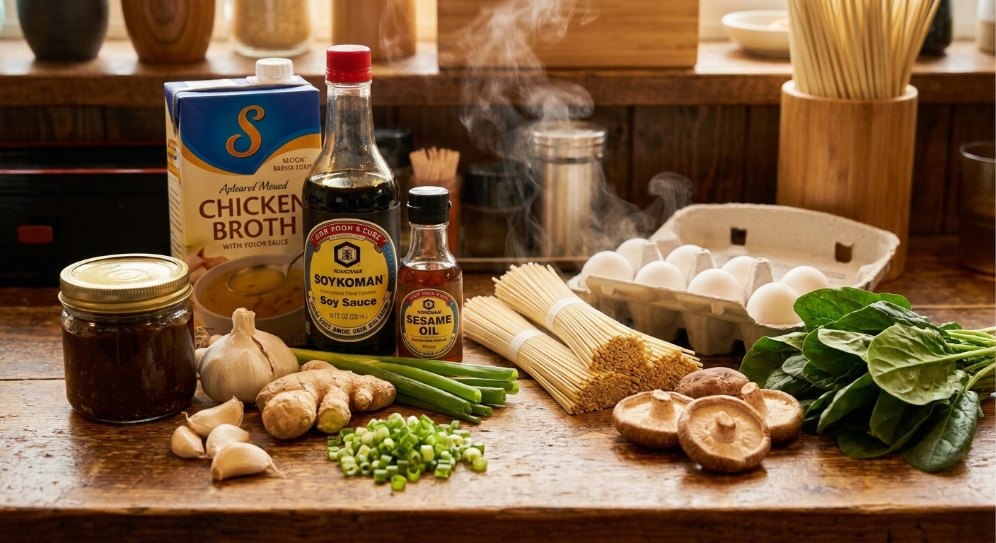 Ramen ingredients arranged on a kitchen counter including chicken broth, soy sauce, miso paste, garlic, ginger, scallions, sesame oil, noodles, eggs, mushrooms, and spinach