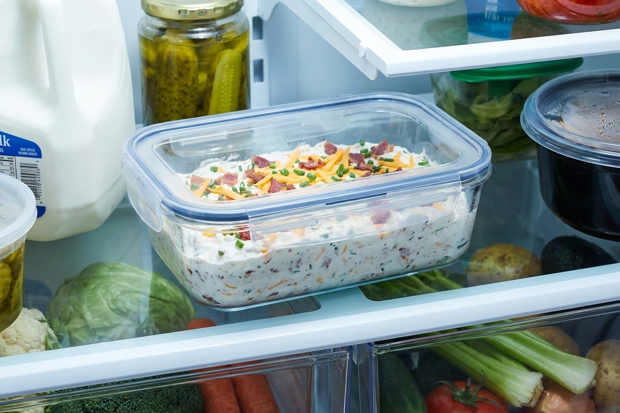 Ranch dip stored in a clear airtight container with a snapped-on lid on a refrigerator shelf