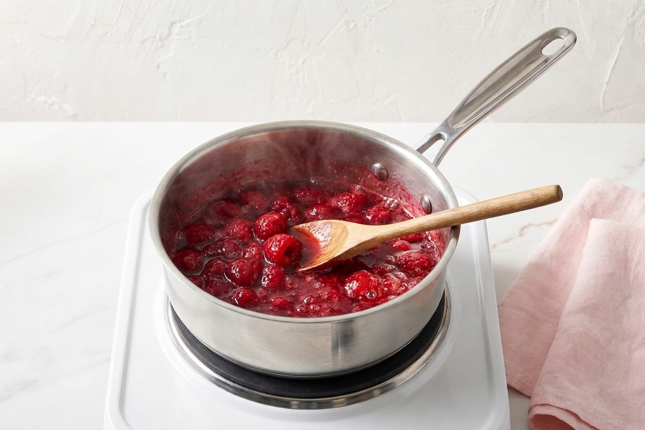 Raspberry sauce simmering in a small saucepan on a stovetop, with berries breaking down into a glossy red mixture