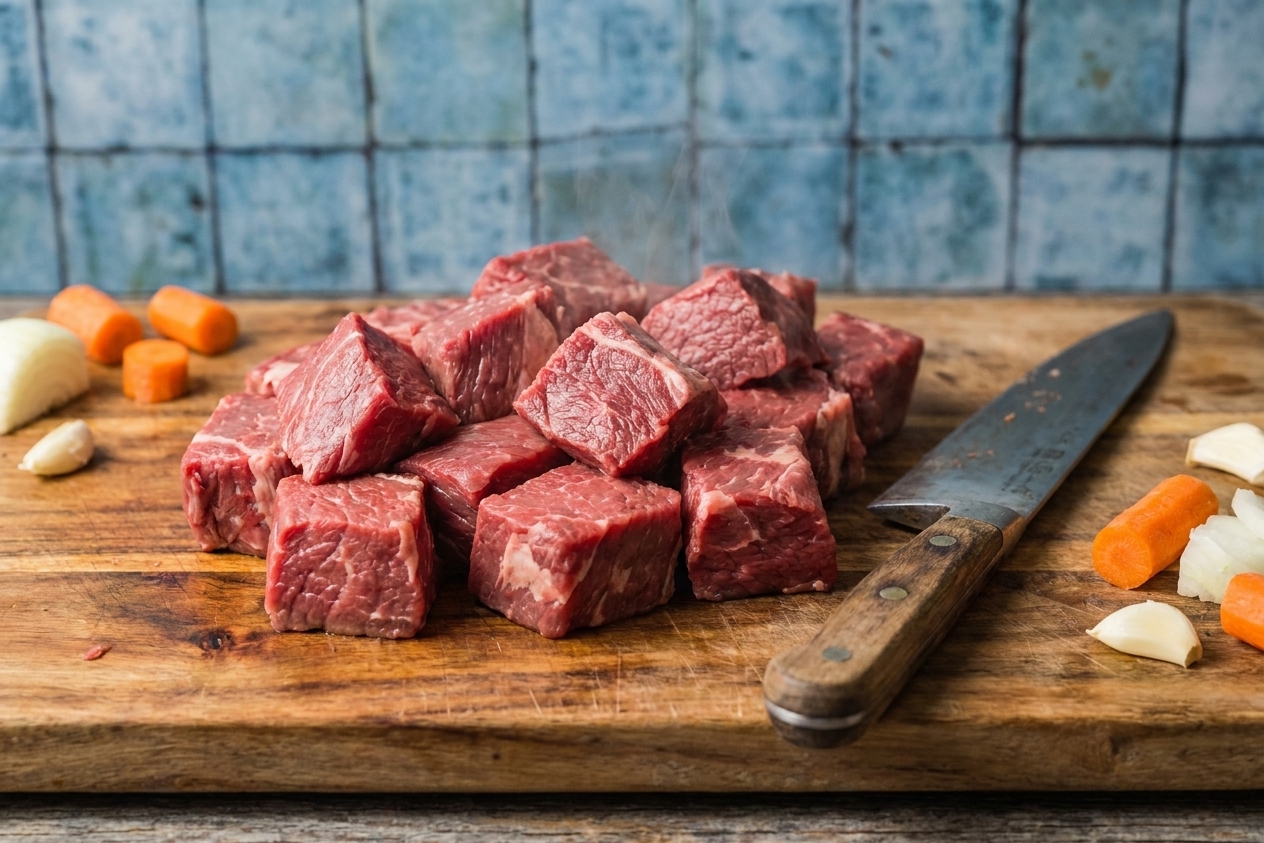 Raw beef chuck roast cut into large stew cubes on a cutting board with a chef's knife nearby