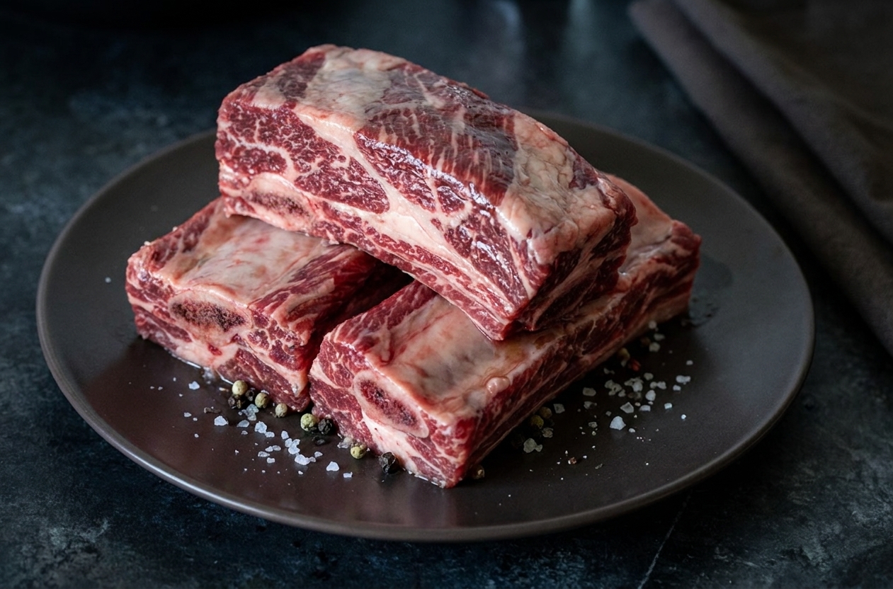 Raw bone-in beef short ribs arranged with visible marbling and bones