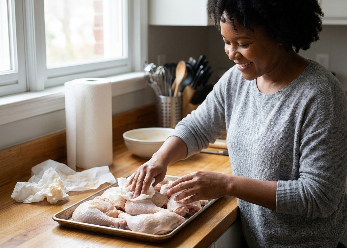 Raw bone-in chicken pieces being patted dry with paper towels on a rimmed baking sheet on a kitchen counter