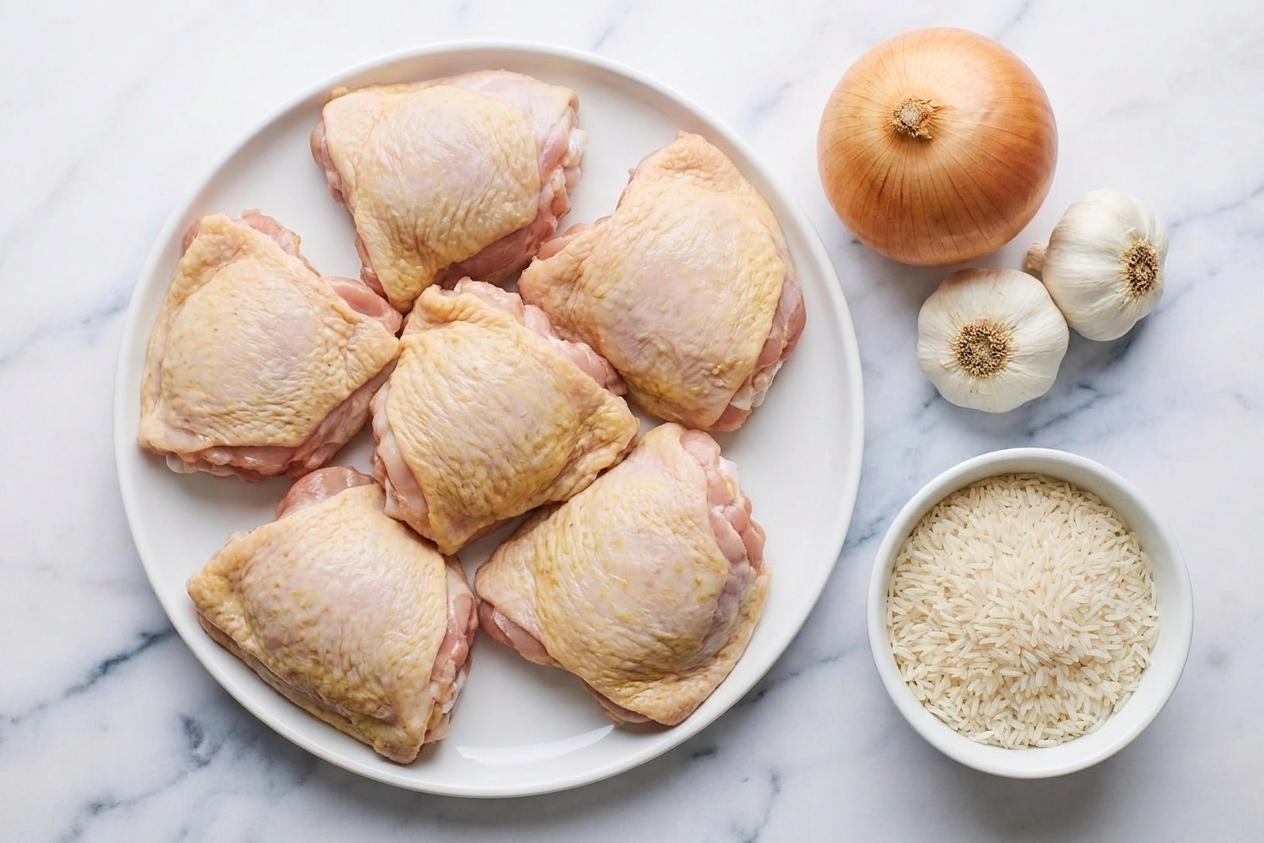 Raw bone-in chicken thighs on a plate next to a whole onion, garlic bulbs, and a small bowl of uncooked white rice on a kitchen counter